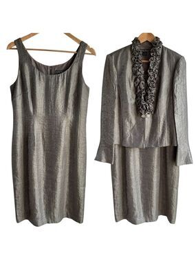 Jessica Howard Formal Dress + Jacket Set Sz 12 Metallic Grey Cocktail Party VGUC